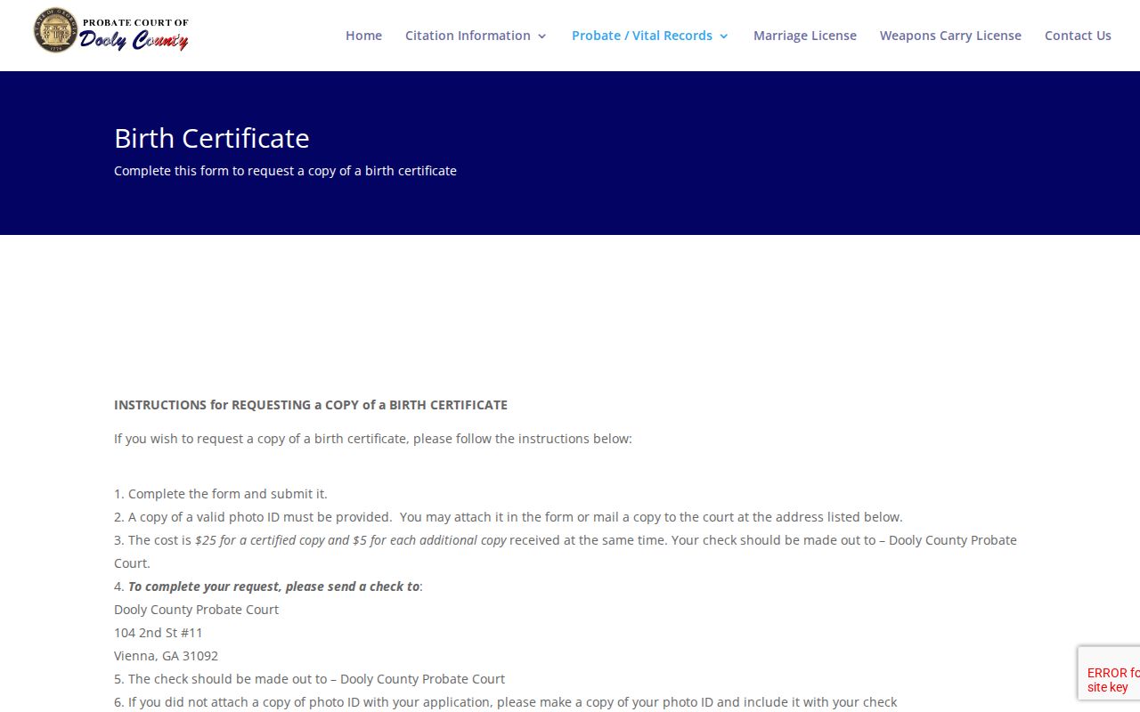Dooly County Probate vital-record form and civil record distinction
